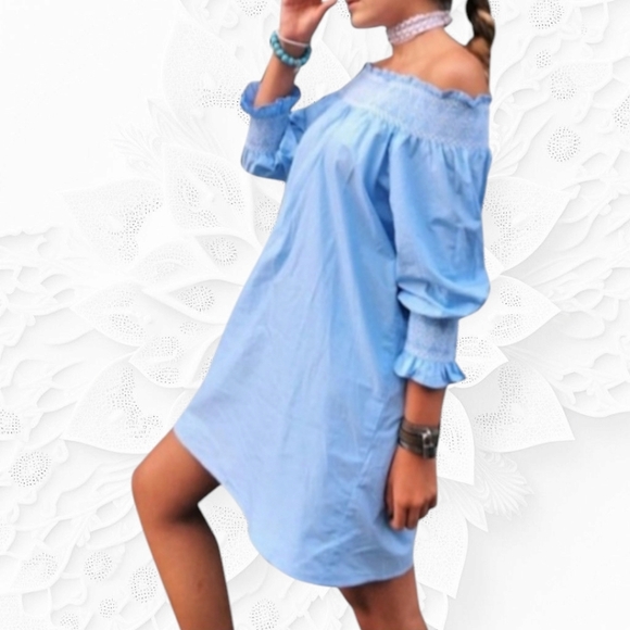 Zara 100% Cotton Off Shoulder Blue Mini Tunic Dress Size XS - Picture 8 of 8